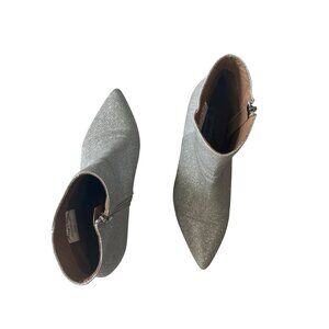 Olivia + Kate Silver Sparkle Ankle Boots Size 10 Pointed Toe Block Heel Side Zip